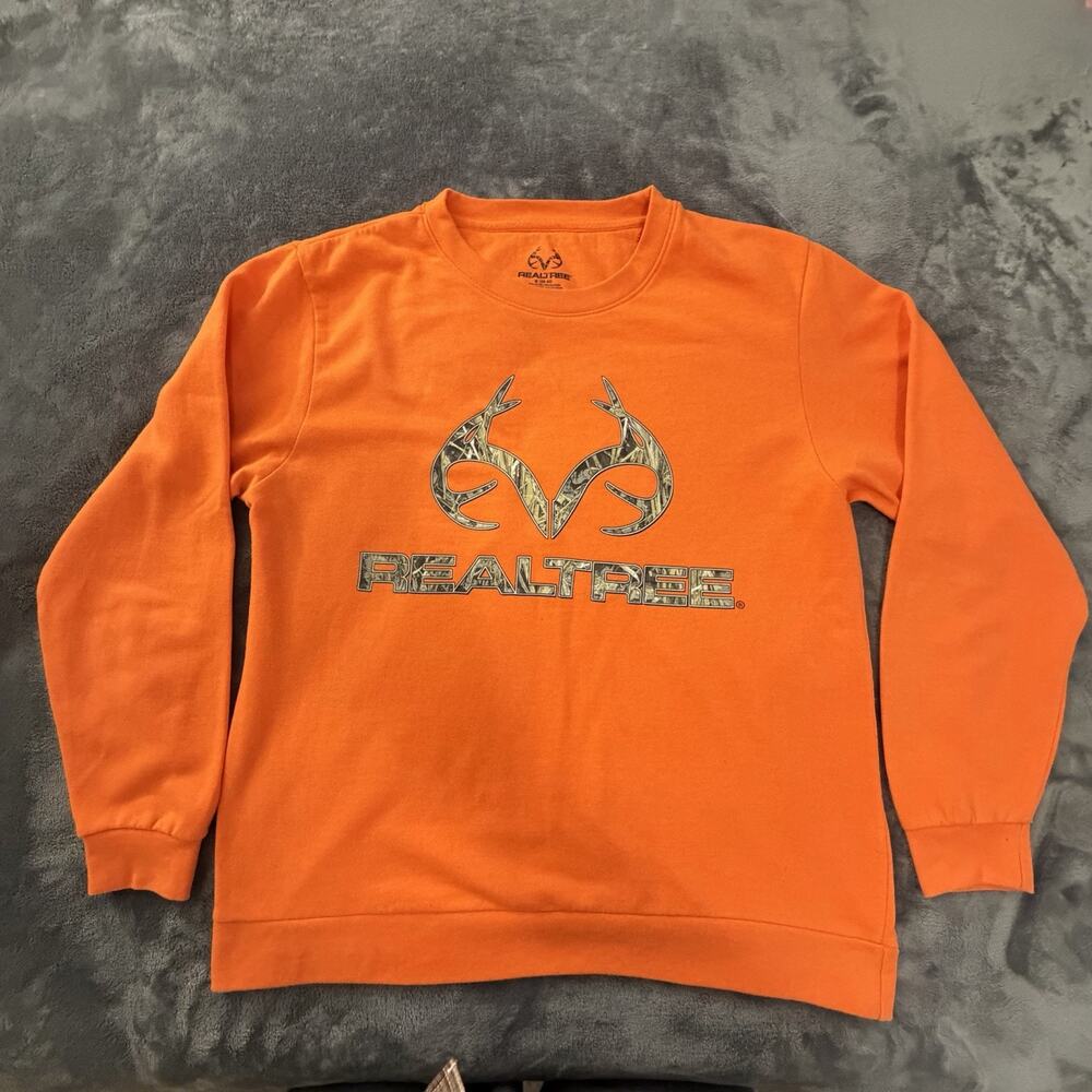 Realtree Fleece Sweatshirt Orange Graphic Print Crew Neck Pullover Men's Size M